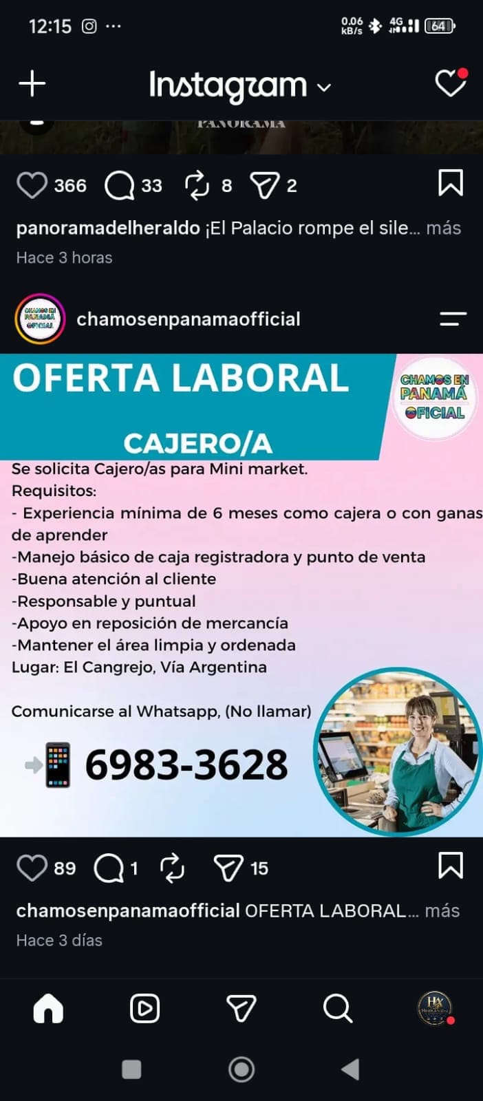 Captura de un anuncio de Instagram: se solicita cajero o cajera para un mini market en El Cangrejo.