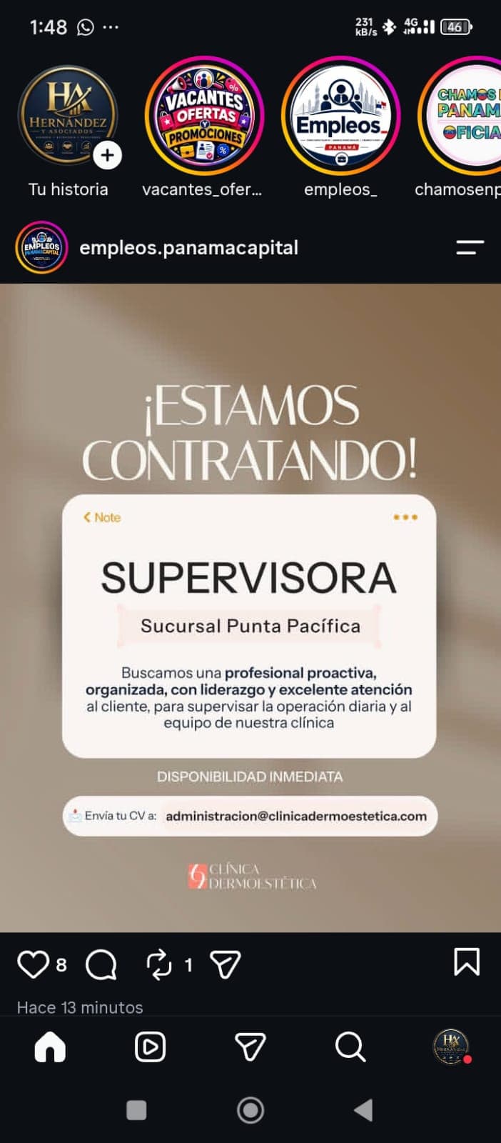 Captura de un anuncio: ¡Contratando! Supervisora para la sucursal de Punta Pacífica.